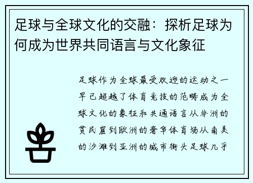 足球与全球文化的交融：探析足球为何成为世界共同语言与文化象征