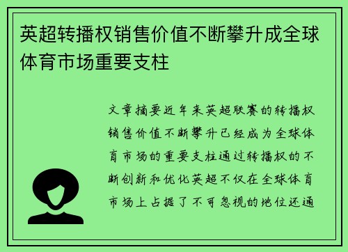 英超转播权销售价值不断攀升成全球体育市场重要支柱 英超转播权销售价值不断攀升成全球体育市场重要支柱