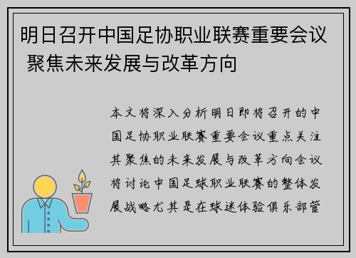 明日召开中国足协职业联赛重要会议 聚焦未来发展与改革方向
