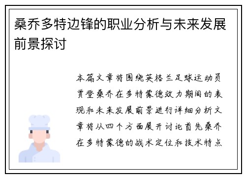 桑乔多特边锋的职业分析与未来发展前景探讨